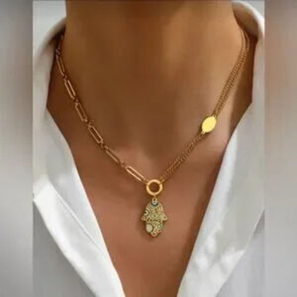 Gold Stainless Steel Hamsa Evil Eye Layered Necklace Mixed Chain Pendant Dainty